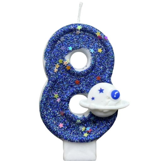 Candela da torta numero 8 con superficie blu glitterata e motivo spaziale Candela di compleanno blu con stelle e decorazione di pianeta