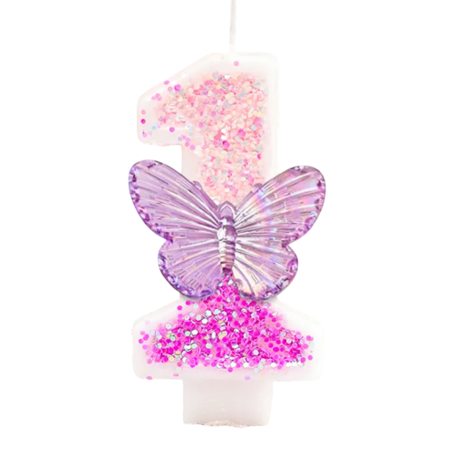 Candela di compleanno per torta numero 1 7,5 cm Candela rosa con glitter e farfalla Candela per torta in paraffina per festa di compleanno per bambini