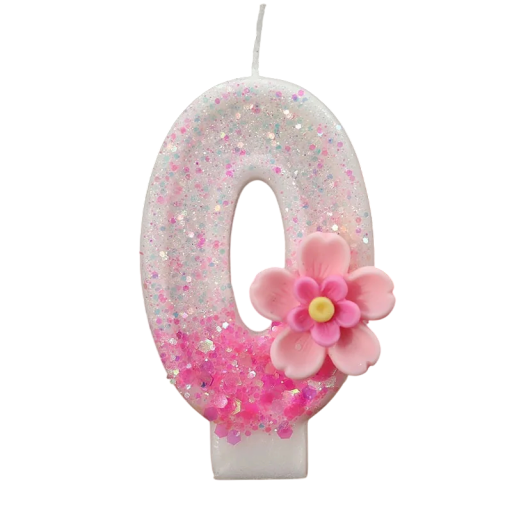 Candela per torta di compleanno numero 0 Candela rosa con glitter e fiore Decorativa candela per torta di compleanno decorazione per festa