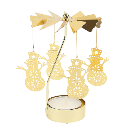 Candelabro metálico rotativo 13 x 8 cm com bonecos de neve Candelabro de Natal dourado para vela de chá Decoração rotativa para mesa Decoração de Inverno Presente festivo