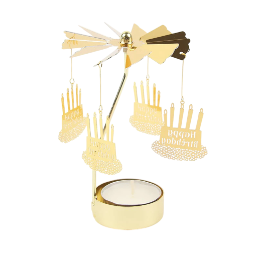 Candelabro metálico rotativo 13 x 8 cm com motivo de bolo de aniversário Happy Birthday Decoração de mesa Candelabro rotativo Presente para festa