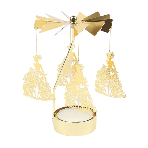 Candelabro metálico rotativo 13 x 8 cm com motivo de princesa Candelabro elegante para vela de chá Decoração de mesa Presente para festa ou casamento