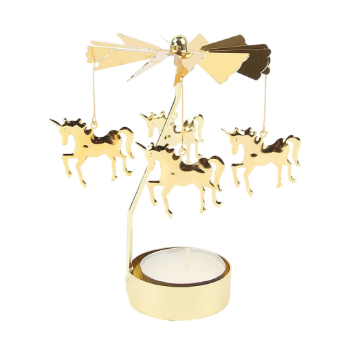 Candelabro metálico rotativo 13 x 8 cm com unicórnios Candelabro dourado para vela de chá Decoração rotativa para mesa Presente de fantasia para crianças e adultos