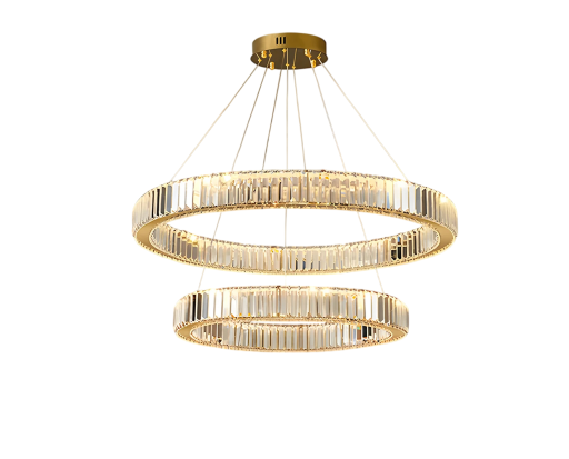 Candelabru suspendat auriu cu două inele din sticlă, diametru 50 și 36 cm, înălțime maximă 120 cm, metal LED 154 W, dimabil, telecomandă, deasupra mesei de dining