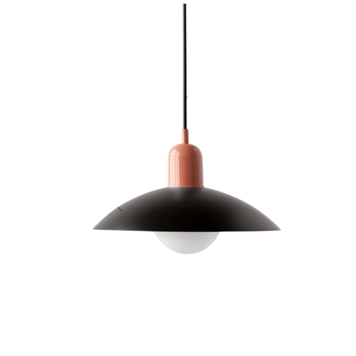 Candelabru suspendat minimalist cu abajur plat negru diametru 32 cm înălțime 22 cm cablu 120 cm metal soclu E27 pentru bucătărie și living