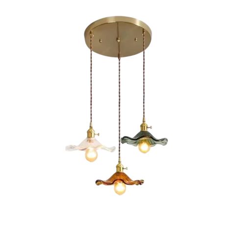 Candelabru triplu suspendat 12,5 x 23 cm cu bază de 30 cm și cablu de până la 100 cm, 3 abajururi din sticlă, soclu E27, pentru dining sau deasupra mesei
