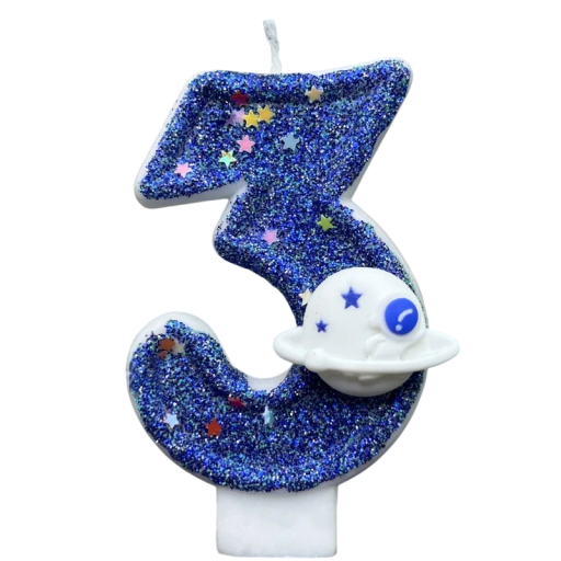 Candle Number 3 with Glittery Surface and Planet Motif Blue Birthday Cake Decoration for Children's Celebration