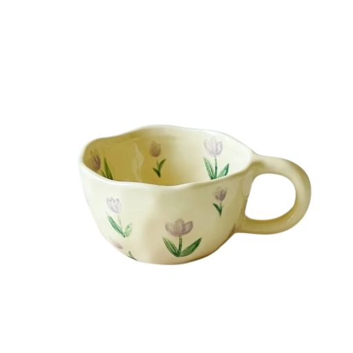 Caneca de cerâmica com borda ondulada e motivo de tulipas 200–300 ml cerâmica bege com pega para café chá e bebida diária