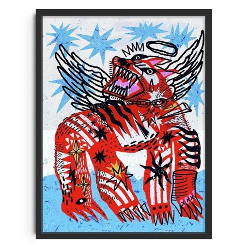 Canvas muurposter met abstract motief van een gevleugelde hond 50 x 70 cm kleurillustratie decoratie voor interieur zonder lijst