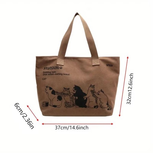 Canvas schoudertas 37 x 32 cm Beige tas met kattenprint Ritssluiting Grote boodschappentas Werk School Vrije tijd
