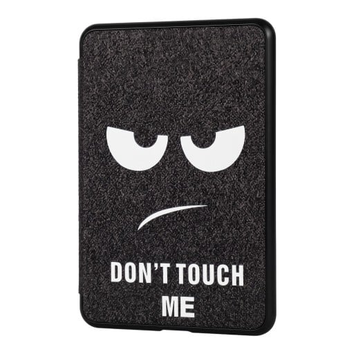 Capa flip preta de 6 polegadas para Kindle 10. geração 2019 com impressão de olhos nublados e a inscrição Don't touch me e com alça e película