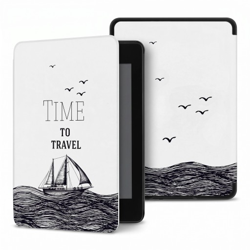 Capa flip preta e branca de 6 polegadas para Kindle 10. geração 2019 com velas nas ondas e a inscrição Time to travel com alça e película