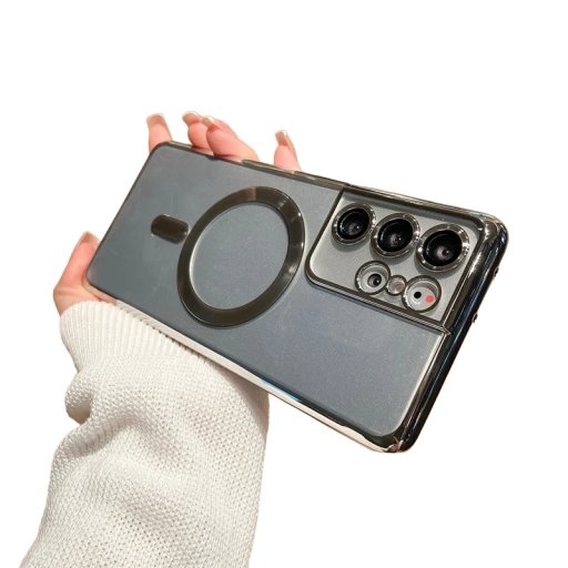 Capa transparente com bordas metalizadas e suporte MagSafe para Samsung Galaxy S22 Ultra