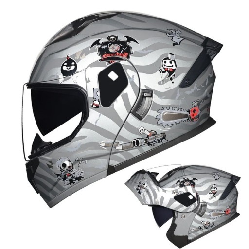 Capacete de moto unisex integral articulado ABS+PC certificação DOT cinza com estampado de esqueletos e motivos de Halloween