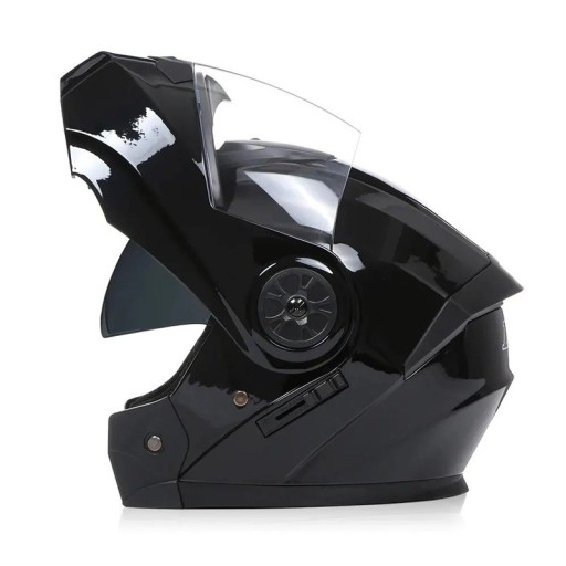 Capacete de moto unisex preto com design flip-up e dupla viseira para melhor visibilidade e proteção do condutor