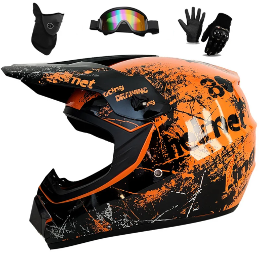 Capacete de motocicleta infantil preto-laranja ABS integral com máscara viseira óculos luvas ventilação 1,2 kg 25 x 25 x 36 cm