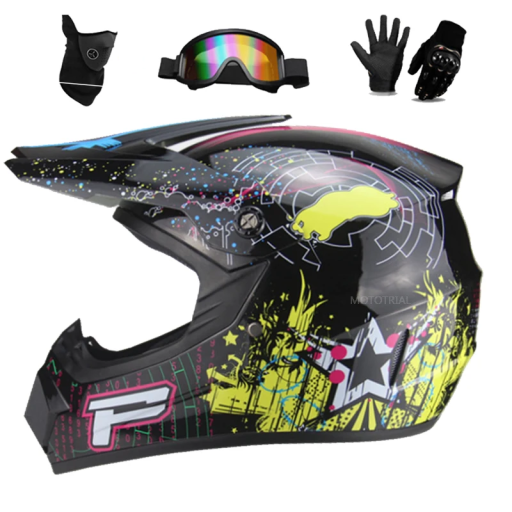 Capacete de motociclismo infantil com sistema de ventilação e viseira Capacete preto com estampado + óculos, luvas, máscara ABS 1,2 kg