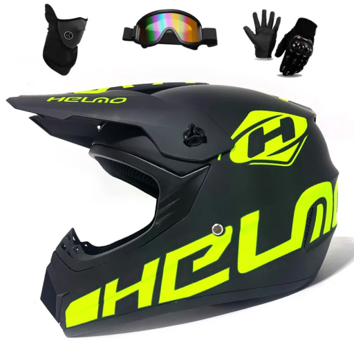 Capacete de motociclismo infantil preto-verde integral em ABS com viseira, óculos, luvas e máscara 25×25×36 cm 1,2 kg