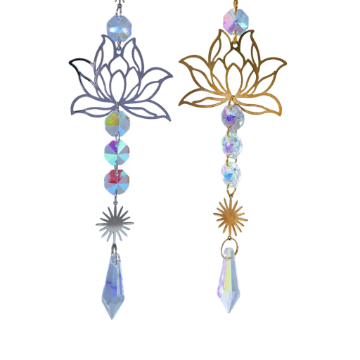 Capcană de soare suspendată 43 cm cu cristale și floare de lotus, reflexie curcubeu, decorațiune pentru fereastră, stil meditativ Feng Shui