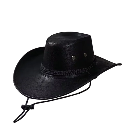 Cappello da cowboy 56–58 cm Pelle sintetica Visiera larga Filo decorativo e cordino sotto il mento Accessorio western elegante per feste