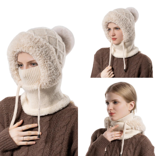 Cappello invernale da donna con pompon Circonferenza testa 55–60 cm Copricapo caldo lavorato a maglia con lacci per legare per l'inverno