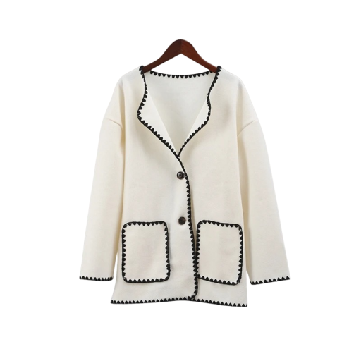 Cappotto da donna primaverile con bottoni e rifiniture nere