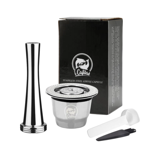 Capsulă reutilizabilă din oțel inoxidabil pentru cafea măcinată pentru aparatul de cafea Nespresso cu tamper, linguriță și perie pentru curățare ușoară