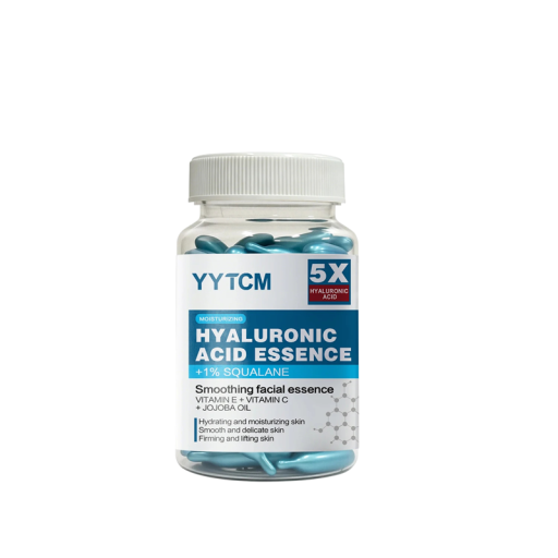 Capsule pentru față cu acid hialuronic, squalan, vitaminele C, E și ulei de jojoba, esență hidratantă în doză, 60 bucăți a câte 0,4 g, albastre