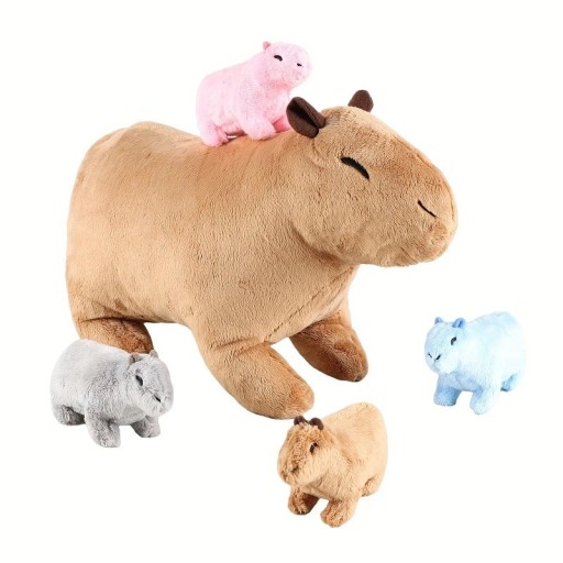 Capybara-Plüschtier mit 4 Jungtieren, Capybara-Plüschtier, Bauch-Reißverschluss, gefülltes Plüschtier, süßes Capybara-Spielzeug, 34 cm