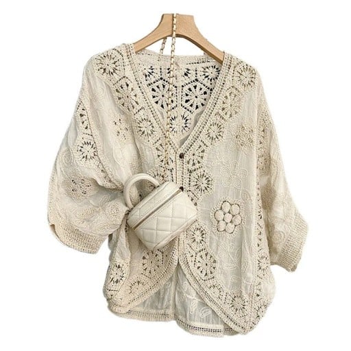 Cardigan croșetat pentru femei în culoare bej cu decolteu în V și nasturi cu motiv floral, pulover de vară pentru topuri și rochii, mărime universală
