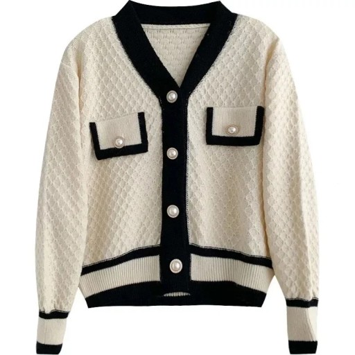 Cardigan damă cu dungi și mânecă lungă din acetat Pulover elegant cu nasturi și buzunare pe piept Mărime universală Stil damă la modă