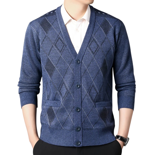Cardigan de homem com botões Decote em V Padrão liso Elegante suéter para outono e inverno Material de poliéster