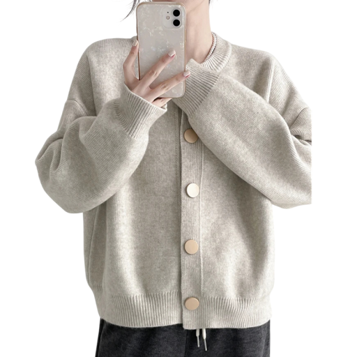 Cardigan de malha feminino com botões e decote redondo em acrílico e algodão com mangas longas tamanho universal para outono e inverno