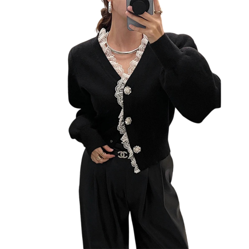 Cardigan elegant pentru femei cu nasturi decorativi, decolteu în V și mânecă tip balon, pulover scurt pentru blugi, fustă și rochii