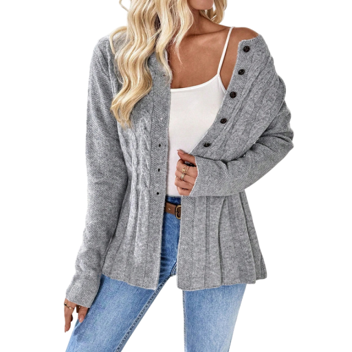 Cardigan feminino de malha com botões e padrão de tranças, suéter de acrílico com mangas longas para outono e inverno, para uso diário
