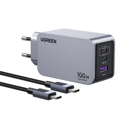 Cargador rápido de 100 W con enchufe UE, 2 USB C y 1 USB A GaN PD QC 4.0 3.0 + cable USB C dual, cargador de teléfono de 2 m, carga rápida