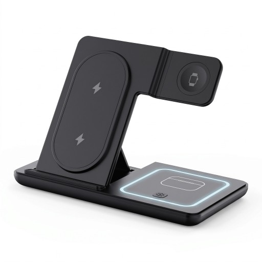 Caricabatterie wireless pieghevole 3 in 1 per iPhone Apple Watch e AirPods 30 W ricarica rapida con luce notturna e ventilatore