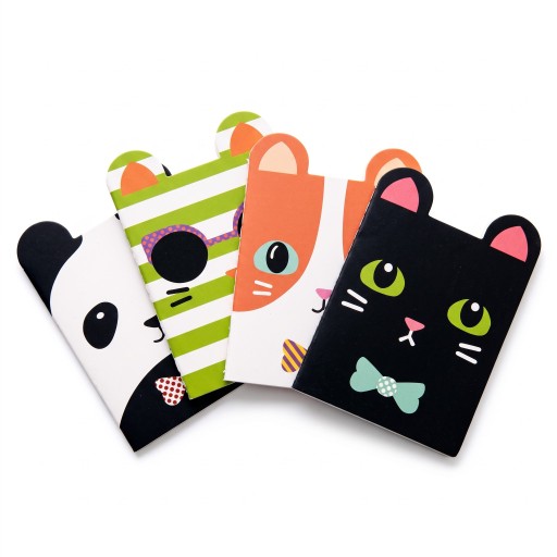 Carnets de poche fins avec des animaux 11,9 x 8,4 cm avec 20 feuilles lignées par carnet, en lot de 4 pièces avec des oreilles rondes sur le bord supérieur de la couverture