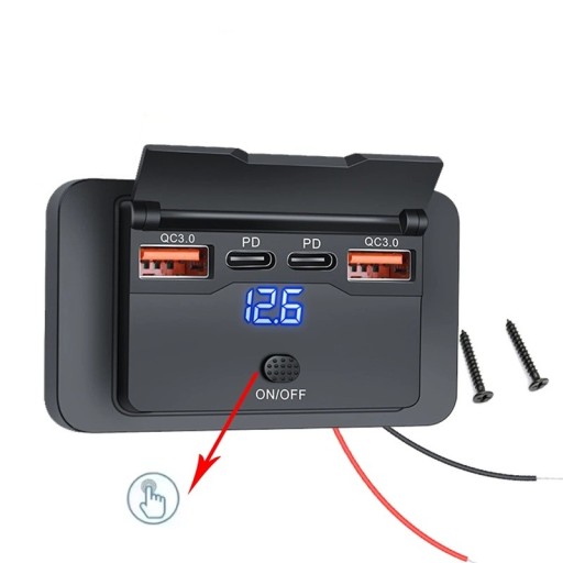 Carregador de carro 4 portas 2× USB-C PD + 2× QC3.0 105W carregamento rápido com interruptor e voltímetro 12-24V nylon preto para carro e autocaravana