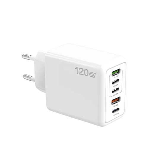 Carregador Rápido 120W 5 portas 3× USB C 2× USB A adaptador EU ficha carregador USB carregamento múltiplos dispositivos alto desempenho carregamento rápido