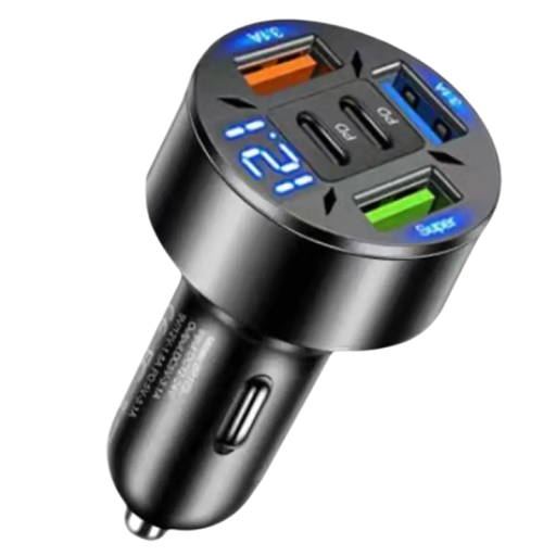Carregador rápido de carro 250W com 5 portas 2× USB C e 3× USB A carregador para isqueiro PD QC3.0 ecrã digital adaptador para telefone