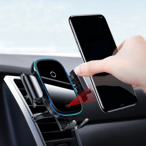 Carregador sem fios para carro 15 W Suporte para telefone no painel e na ventilação Conector USB-C Material ABS e acrílico Dimensões 13 x 10 cm