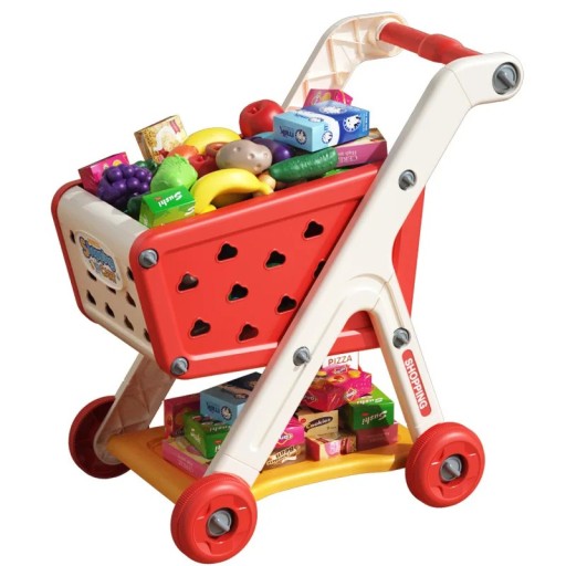 Carrito de compras infantil 48 x 42 x 28 cm Carrito de plástico con cesta azul o roja y 26 piezas de alimentos Juego de tienda con rica equipación