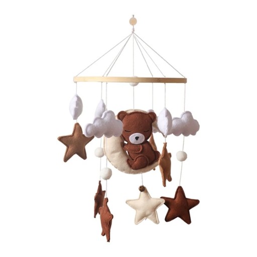 Carrusel colgante sobre la cuna 45 x 25 cm Osito durmiendo sobre la luna, estrellas, nubes y bolas de fieltro, círculo de madera y cuentas