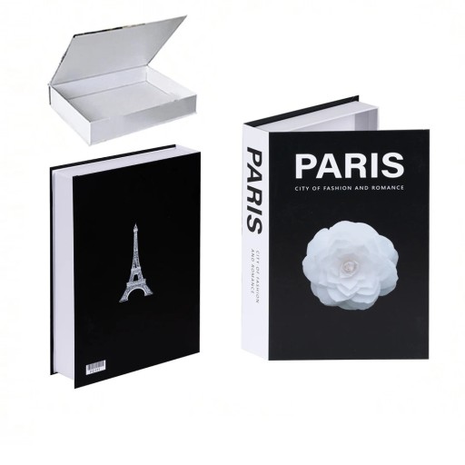 Carte decorativă falsă cu spațiu de depozitare PARIS – deschizătoare, neagră cu Turnul Eiffel și floare, spațiu ascuns pentru mărunțișuri