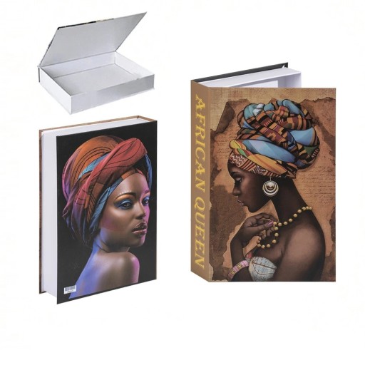 Cartea decorativă falsă Regina Africană – spațiu de depozitare, deschisă, alb-negru cu motivul frumuseții africane