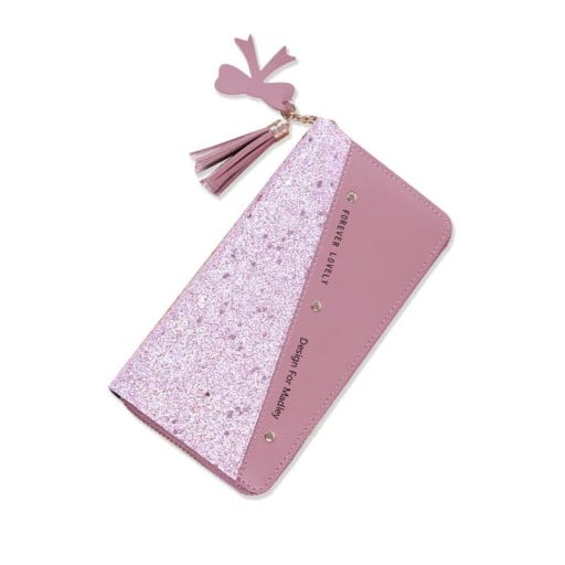 Carteira de couro para senhora com padrão de lantejoulas, pompom da sorte e laço com fecho de correr 19x9x2,5 cm compartimentos