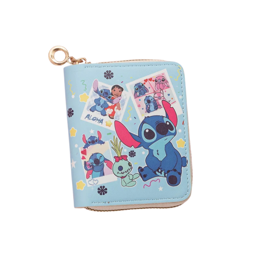 Carteira de moedas Stitch 11 x 8,5 cm Anime suporte para cartões Saco com fecho de correr em pele PU Design animado Presente para estudantes Carteira Kawaii