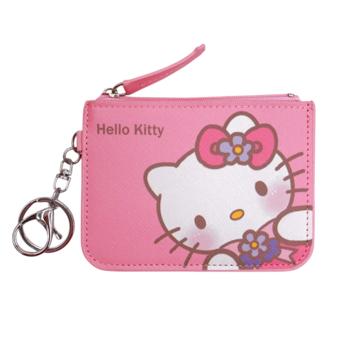 Cartera de Hello Kitty de 12 x 8 cm de piel sintética con llavero, tarjetero rosa con dibujos animados, bolsa con cremallera, regalo kawaii para niños y estudiantes.