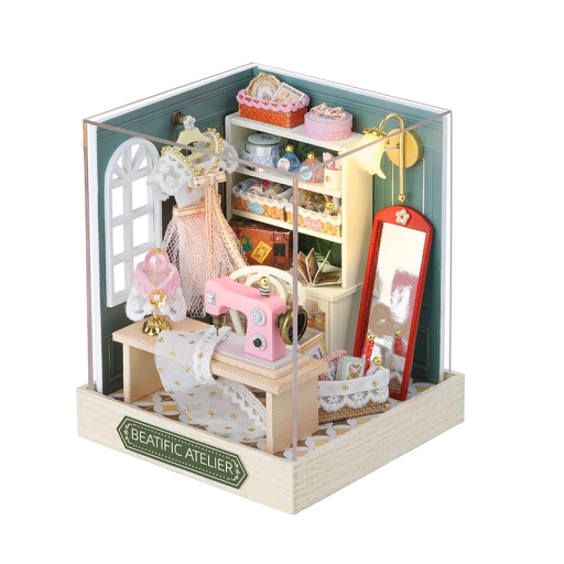 Casa de Bonecas em Madeira 11,5 x 9 x 9 cm modelo DIY com móveis e cobertura quebra-cabeça 3D Miniatura montável à mão